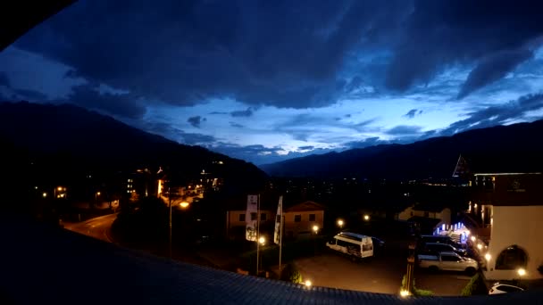 Vehicles Traveling Highway Townscape Kaprun Night Sky Austria Timelapse — Stock Video