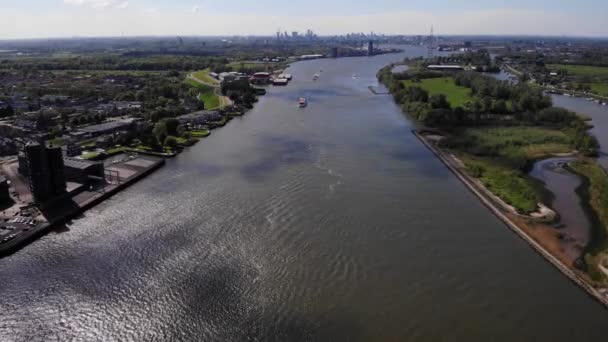 Panorama River Skyscrapers Kinderdijk Molenlanden South Holland Aerial — Stock Video