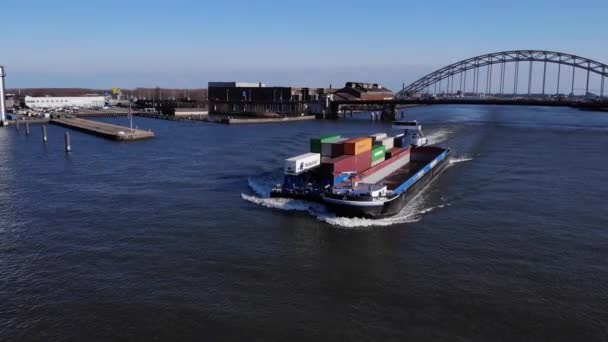 Freight Cargo Barge Shipping Containers Cruising Noord River Netherlands Aerial — Stock Video