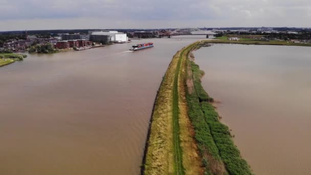 Aerial View Ivernia Inland Freighter River Noord Alblasserdam Dolly Forward — Stock Video