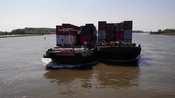 Cargo Vessel Mureen Loaded Intermodal Containers Travelling River Netherlands Aerial — Stock Video