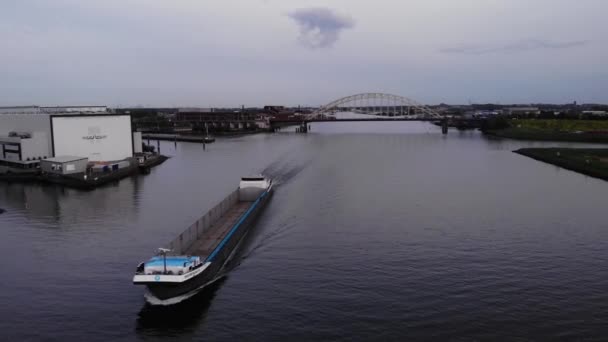 Bulk Carrier Empty Ship Hold Cruising Noord River Arch Bridge — Stock Video