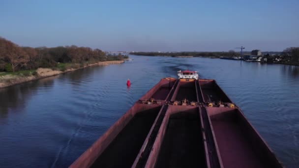 Empty Transport Vessel Cruising River Oude Maas Aerial Shot — Stock Video