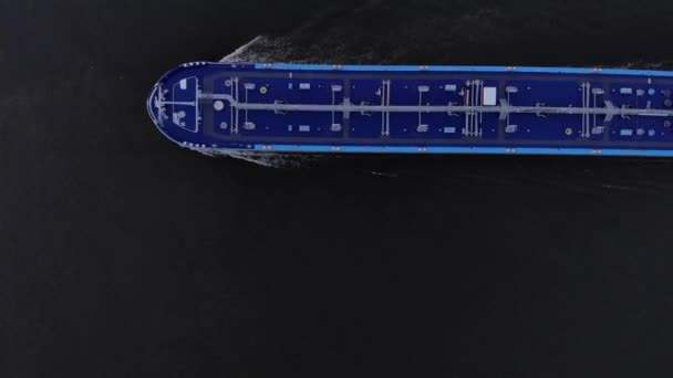 Top View Liquid Cargo Barge Sailing River Aerial — Stock Video