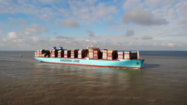 Maersk Line Container Ship Cargo Sails Ocean Rotterdam Netherlands Sunny — Stock video