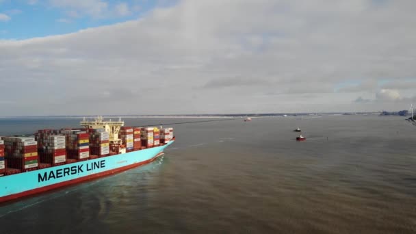 Giant Containervessel Loaded Containers Deck Entering Port Rotterdam Two Small — Stock Video