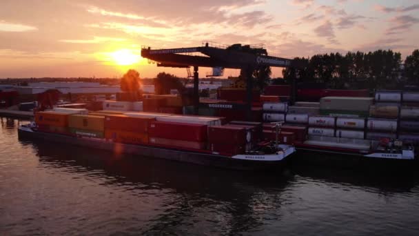 Kontener Gantry Crane Moving Cargo Punkcie Załadunku Podczas Zachodu Słońca — Wideo stockowe