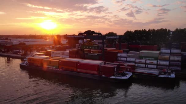 Gantry Crane Lifting Loading Intermodal Container Cargo Ship Port Ridderkerk — Stock Video