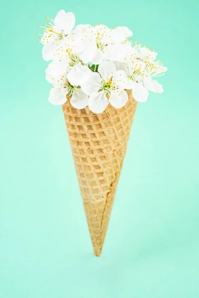 Ice cream waffle cone, filled with spring apple flowers, floating and isolated on light blue, beautiful floral decoration, vintage color