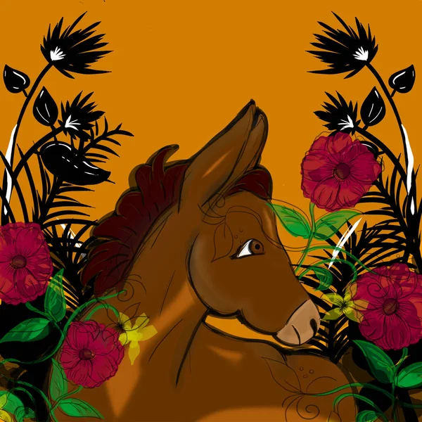 Donkey illustration with copper yellow background