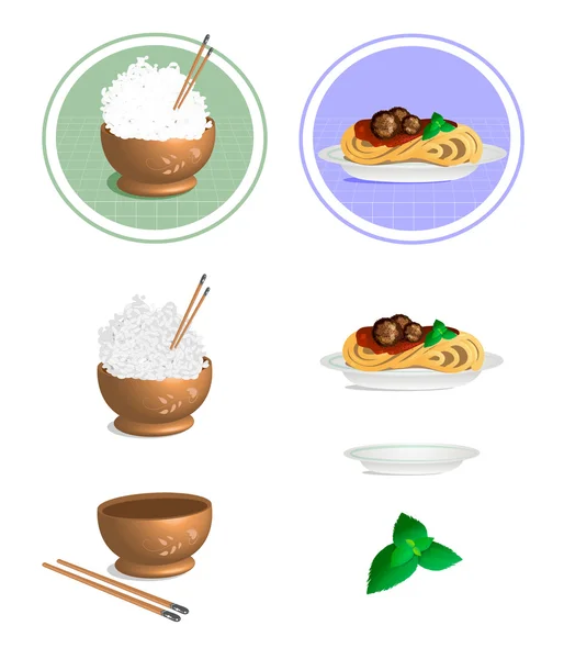 Illustrazione vettoriale di una ciotola di riso, bacchetta e pasta — Vettoriale Stock