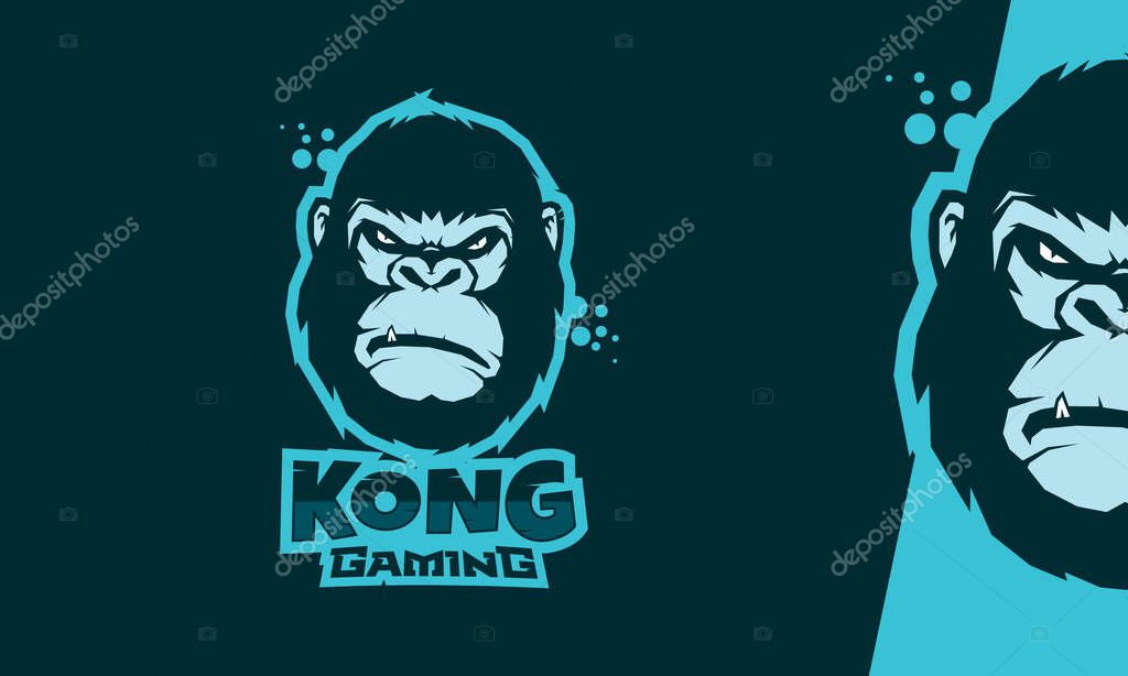 Angry face king kong esport logo vector on blue background