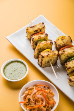 Paneer Tikka Kabab - Hint Tandoori peynir şişleri, malai paneer tikka / biber paneer malai paneer kabab, servis beyaz tabak Barbekü sopa ve yeşil sos, seçici odak ile