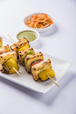 Paneer Tikka Kabab - Hint Tandoori peynir şişleri, malai paneer tikka / biber paneer malai paneer kabab, servis beyaz tabak Barbekü sopa ve yeşil sos, seçici odak ile