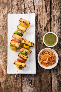 Paneer Tikka Kabab - Hint Tandoori peynir şişleri, malai paneer tikka / biber paneer malai paneer kabab, servis beyaz tabak Barbekü sopa ve yeşil sos, seçici odak ile