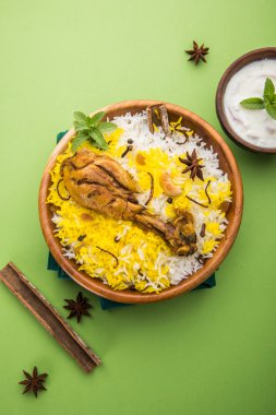 Tavuk Biryani güzel moody arka plan, seçici odak üzerine yoğurt sos ile