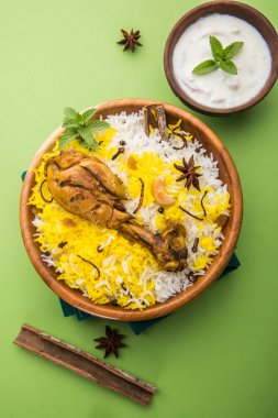 Tavuk Biryani güzel moody arka plan, seçici odak üzerine yoğurt sos ile