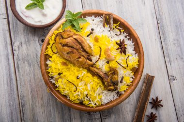 Tavuk Biryani güzel moody arka plan, seçici odak üzerine yoğurt sos ile