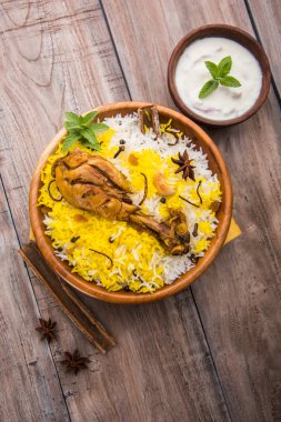 Tavuk Biryani güzel moody arka plan, seçici odak üzerine yoğurt sos ile