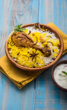 Tavuk Biryani güzel moody arka plan, seçici odak üzerine yoğurt sos ile