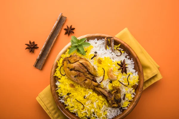 Frango Biryani com iogurte mergulhar em belo fundo mal-humorado, foco seletivo — Fotografia de Stock