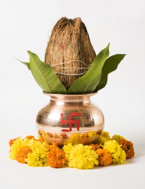 Hindu puja öğeler, Hindistan cevizi ve mango ile kalash bırakır, diya, haldi Recep ve gümüş kase kırmızı zemin üzerine izole Hint tatlı pedha