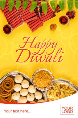 diwali tebrik kartı jalebi gibi Diwali mithai kullanılarak yapılan, bundi laddu, burfi ve pera chivda gibi Diwali aperatifler ile, sev, chakli Diwali havai fişek veya ateş kraker ile servis