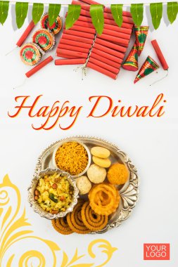 diwali tebrik kartı jalebi gibi Diwali mithai kullanılarak yapılan, bundi laddu, burfi ve pera chivda gibi Diwali aperatifler ile, sev, chakli Diwali havai fişek veya ateş kraker ile servis