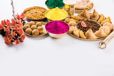 Holi festival gıda ile renkler, Hint festival holi, samosa, kachori, laddu, gujiya, palash çiçek, thandai, farsan, puran poli veya roti, renkleri Hindistan festival holi denilen