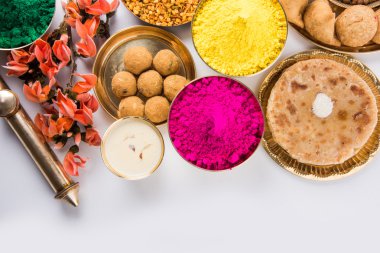 Holi festival gıda ile renkler, Hint festival holi, samosa, kachori, laddu, gujiya, palash çiçek, thandai, farsan, puran poli veya roti, renkleri Hindistan festival holi denilen