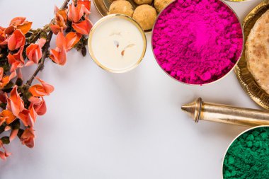 Holi festival gıda ile renkler, Hint festival holi, samosa, kachori, laddu, gujiya, palash çiçek, thandai, farsan, puran poli veya roti, renkleri Hindistan festival holi denilen