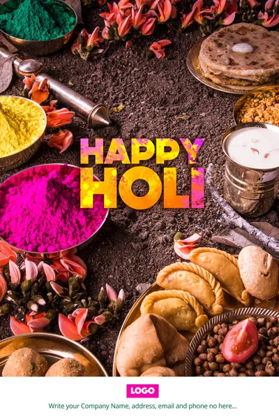 happy holi greeting card, holi wishes, greeting card of indian festival of colours called holi, season's greetings, indian festival greeting, indian food & colours arranged on ground for holi greeting