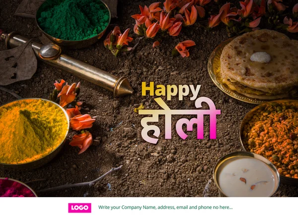 Happy holi greeting card, holi wishes, greeting card of indian festival of colours called holi, season's greetings, indian festival greeting, indian food & colours arranged on ground for holi greeting — Stock Photo, Image