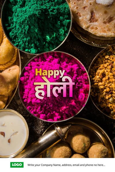 Happy holi greeting card, holi wishes, greeting card of indian festival of colours called holi, season's greetings, indian festival greeting, indian food & colours arranged on ground for holi greeting — Stock Photo, Image