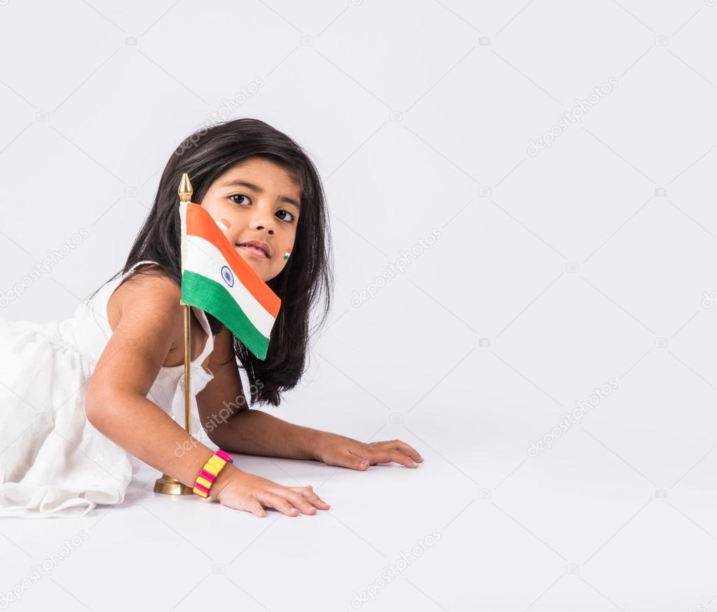India flag and cute little indian girl, 4 year indian girl higging