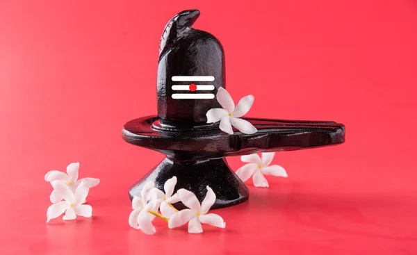 Shiva Linga compuesta de piedra negra decorada con flores y hoja de bael conocida como Aegle marmelos, sobre fondo negro, maha shiva ratri un festival de Dios hindú shankar o shankar bhagwan o bholenath —  Fotos de Stock