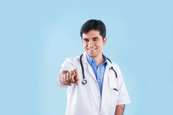 Handsome Indian Male Doctor Index Finger Air Assuming Touching Touch — Stock Photo, Image