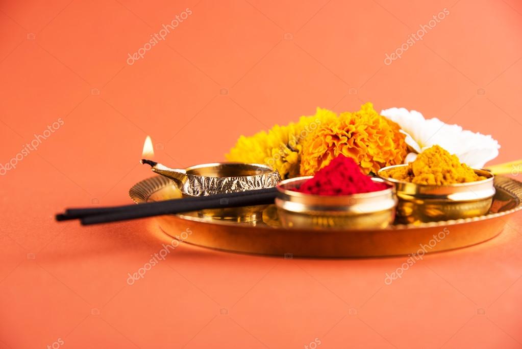 Beautifully Decorated Pooja Thali for diwali celebration to worship