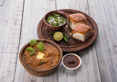 Pav Bhaji Hint baharatlı fast food ekmek, soğan ve tereyağı, Hint yemekleri, Mumbai gıda