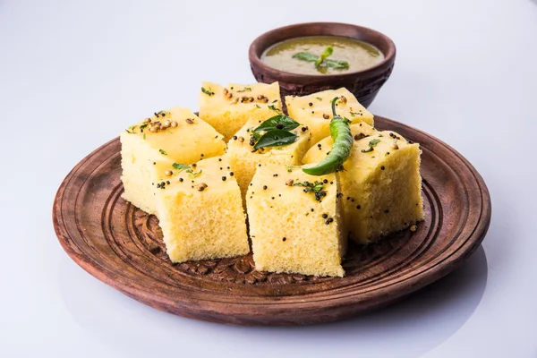 Dhokla / Indian savory snacks made of chick pea flour, selective focus