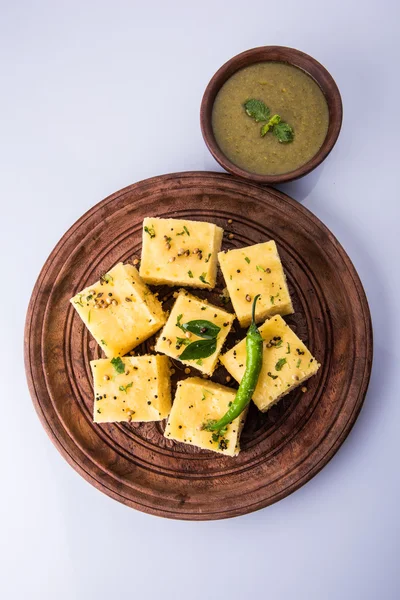 Dhokla / Indian savory snacks made of chick pea flour, selective focus