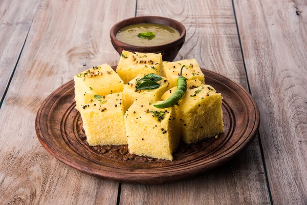 Dhokla / Indian savory snacks made of chick pea flour, selective focus