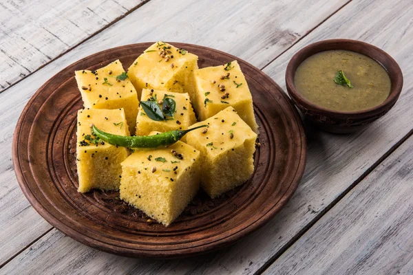 Dhokla / Indian savory snacks made of chick pea flour, selective focus