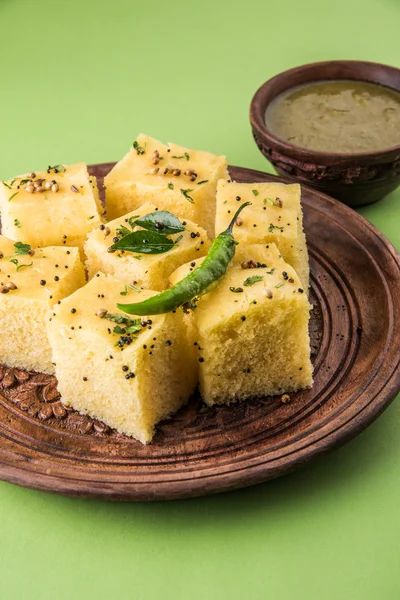 Dhokla / Indian savory snacks made of chick pea flour, selective focus