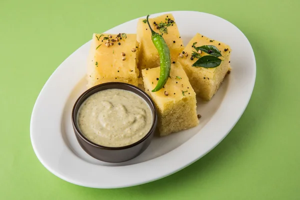 Dhokla / Indian savory snacks made of chick pea flour, selective focus