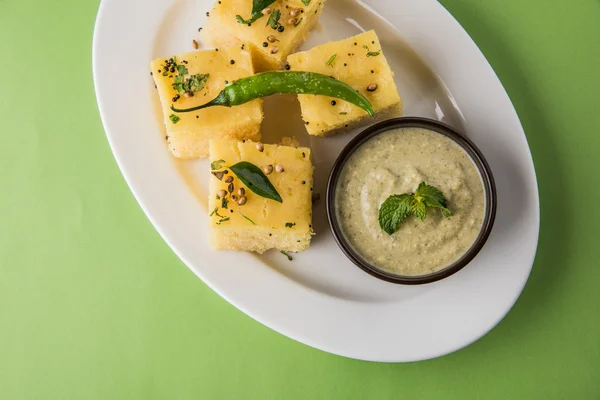 Dhokla / Indian savory snacks made of chick pea flour, selective focus