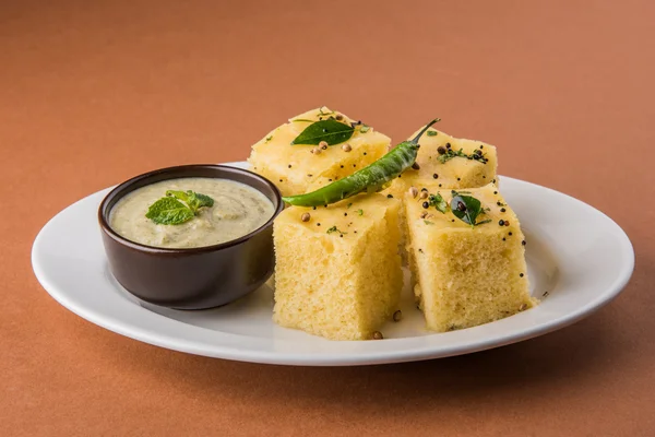 Dhokla / Indian savory snacks made of chick pea flour, selective focus