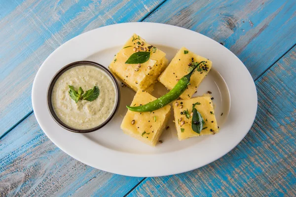 Dhokla / Indian savory snacks made of chick pea flour, selective focus