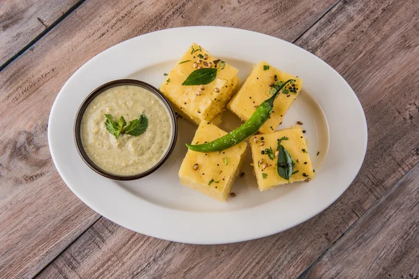 Dhokla / Indian savory snacks made of chick pea flour, selective focus