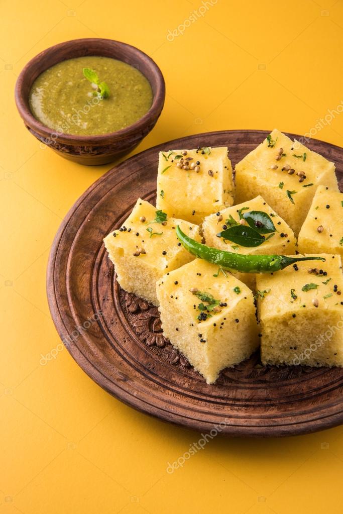 Dhokla / Indian savory snacks made of chick pea flour, selective focus